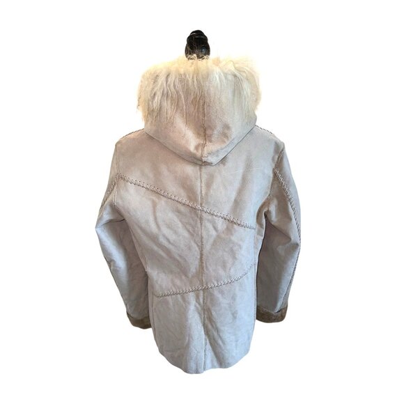 Vintage Winlet Ivory Braided Leather Suede Mongolian Fur Hooded Jacket Coat Sz L - Picture 2 of 16